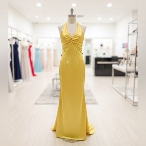 Gold Satin Halter Evening Gown - Open Back Bow Gala Prom Dress - Size 6 -NWT